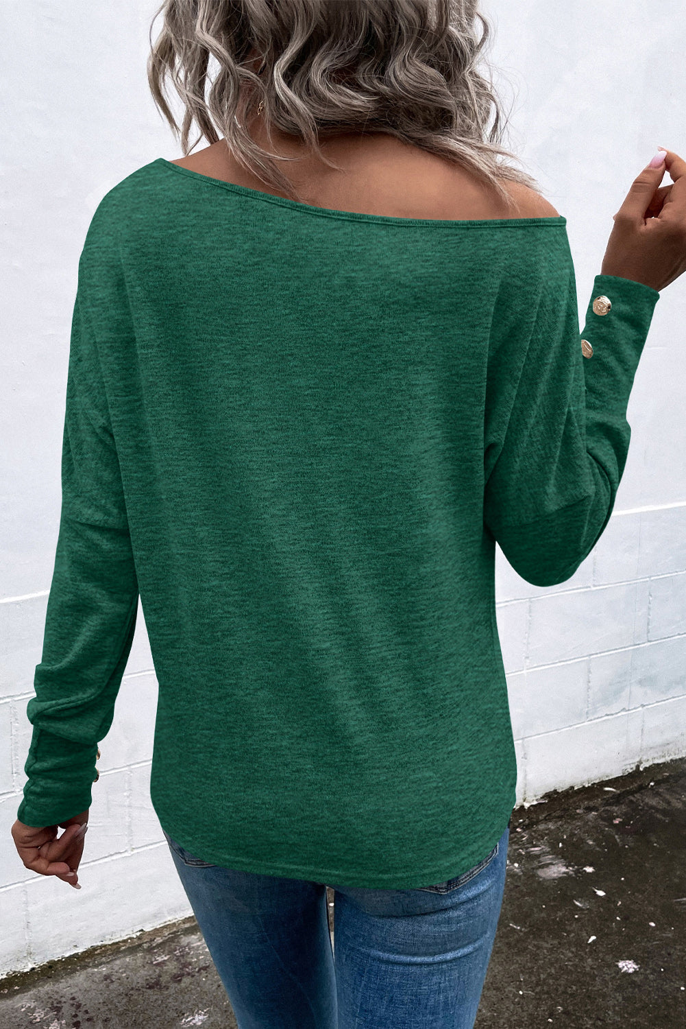 Green Asymmetrical Cut Out Buttoned Long Sleeve Top