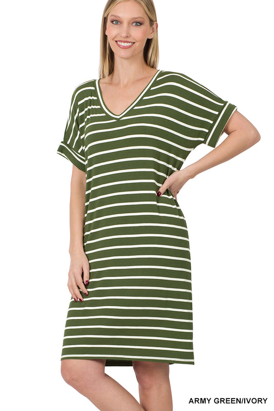 Striped V-neck Dress (Army Green)