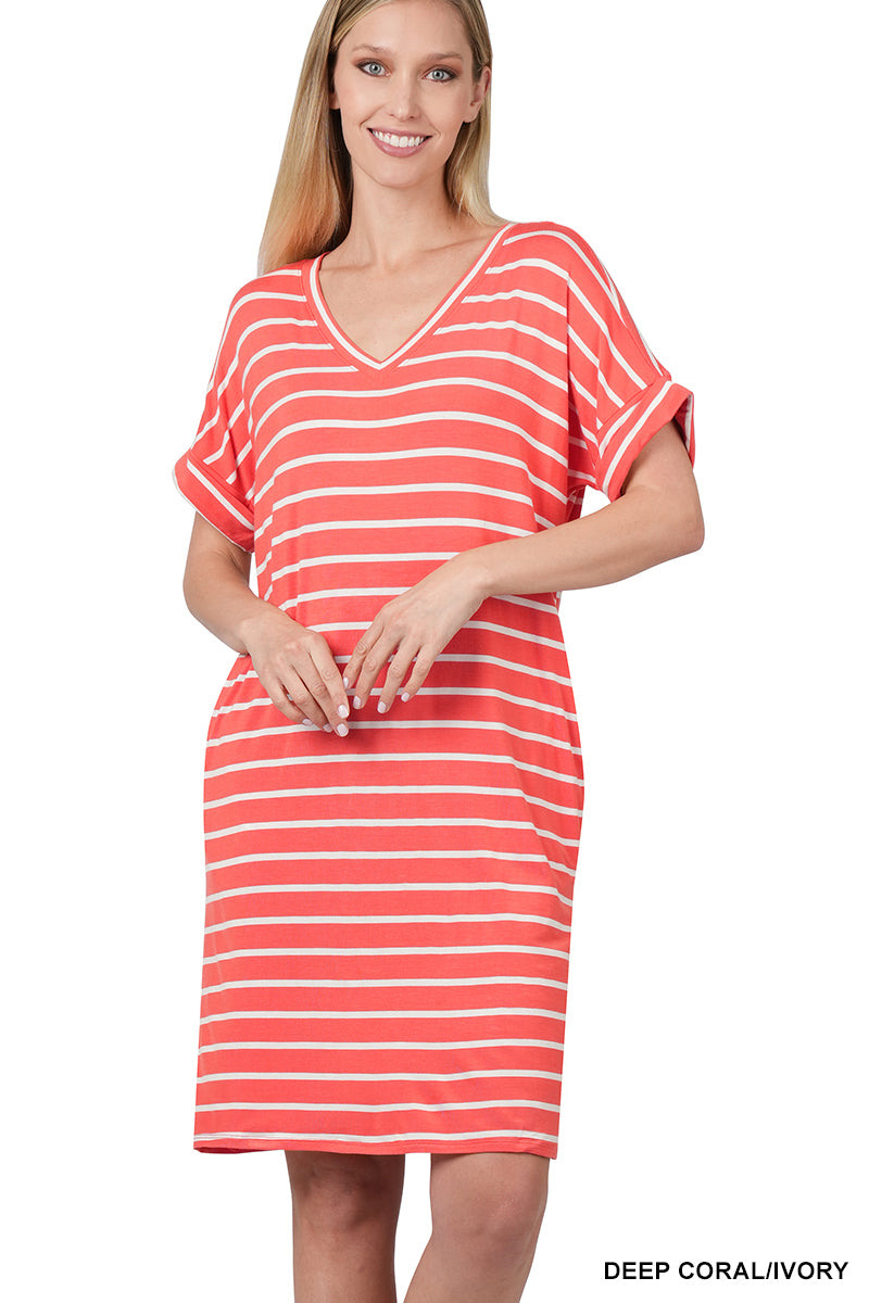 Striped V-Neck Dress (Deep Coral)