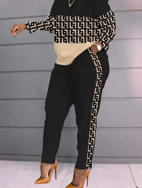 Geometric Print Patchwork Pants Set