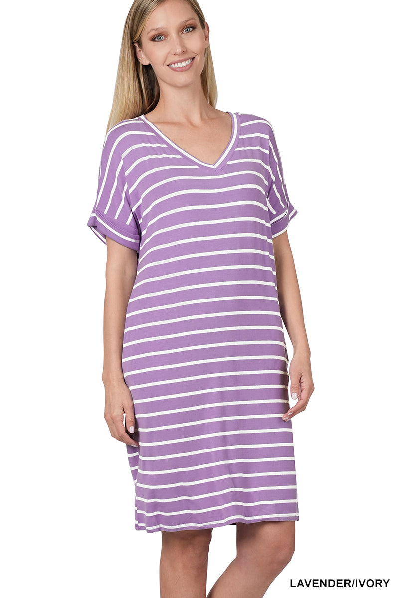 Striped V-neck Dress (Lavender-Ivory)