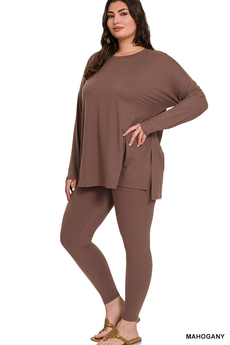 2 Piece Plus Size Pants Set (Long Sleeve) Mahogony