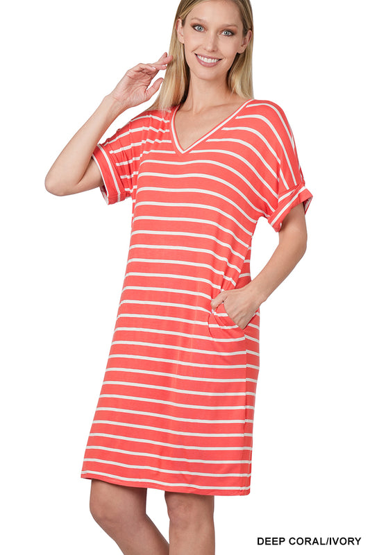 STRIPE  SHORT SLEEVE V-NECK DRESS - Coral