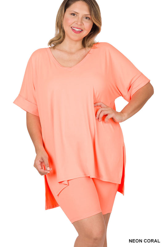 Summer Breeze 2PC Short Set/Plus Size Neon Coral