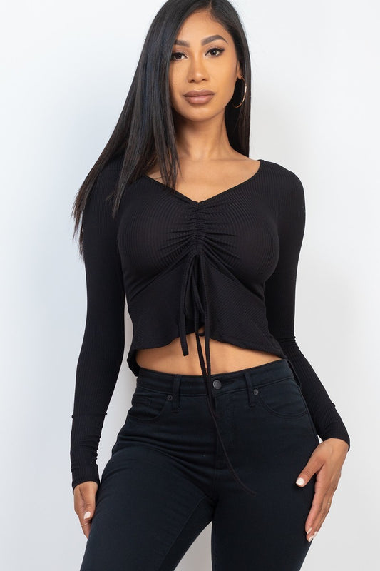 Ribbed Drawstring Front Long Sleeve Peplum Top