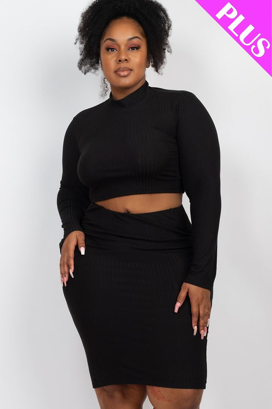 Plus Size Ribbed Mock Neck Crop Top & Midi Skirt Set