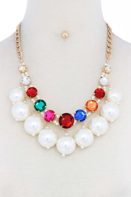 Rhinestone Pearl Dangle Necklace