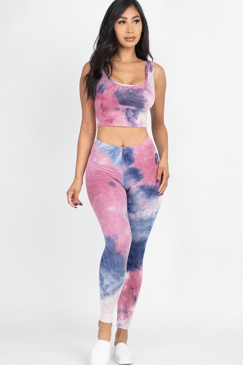 Tie Dye Crop Top And Leggings Yoga Gym Set