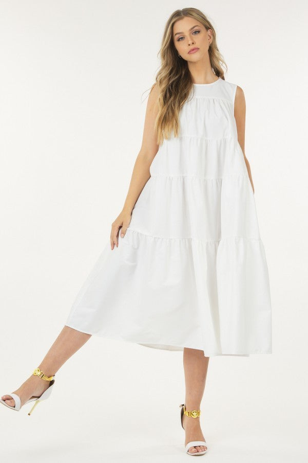 Sleeveless Basic Stretch Poplin Dress With Layers