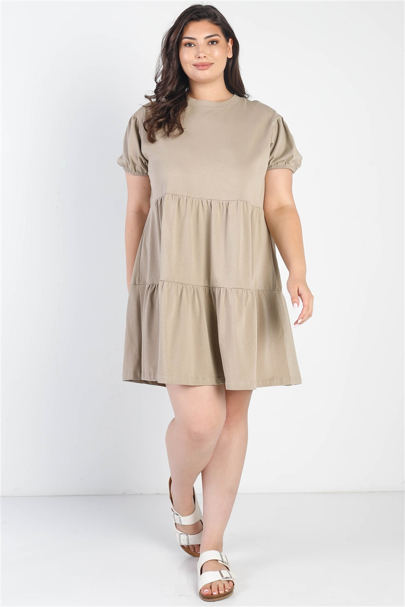 Plus Stone Short Puff Sleeve Flare Mini Dress