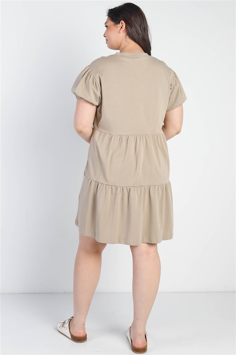 Plus Stone Short Puff Sleeve Flare Mini Dress