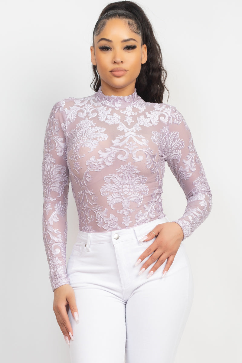 Embroidered Mock Neck Keyhole Bodysuit