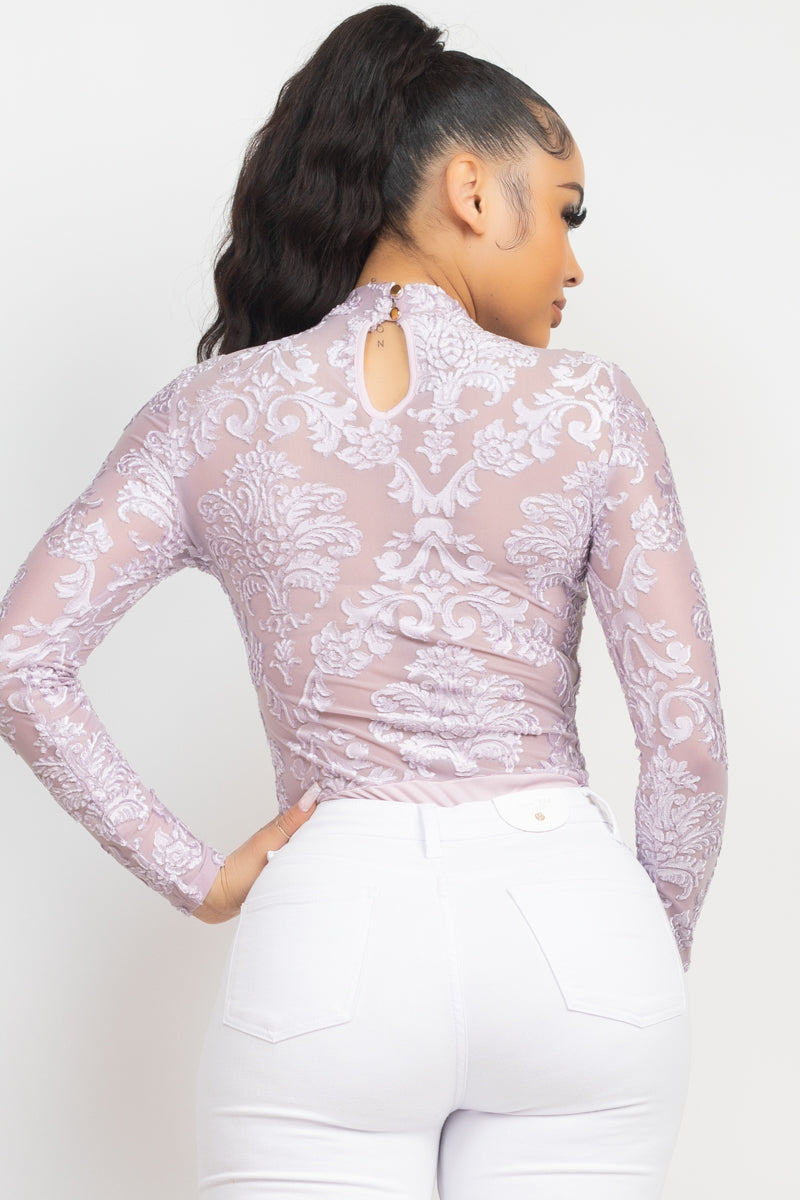 Embroidered Mock Neck Keyhole Bodysuit