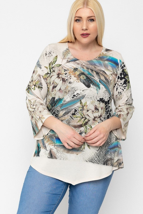 Print Top Featuring A Round Neckline And 3/4 Bell Sleeves