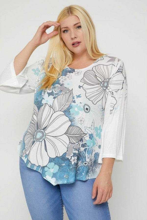 Print Top Featuring A Round Neckline And 3/4 Bell Sleeves