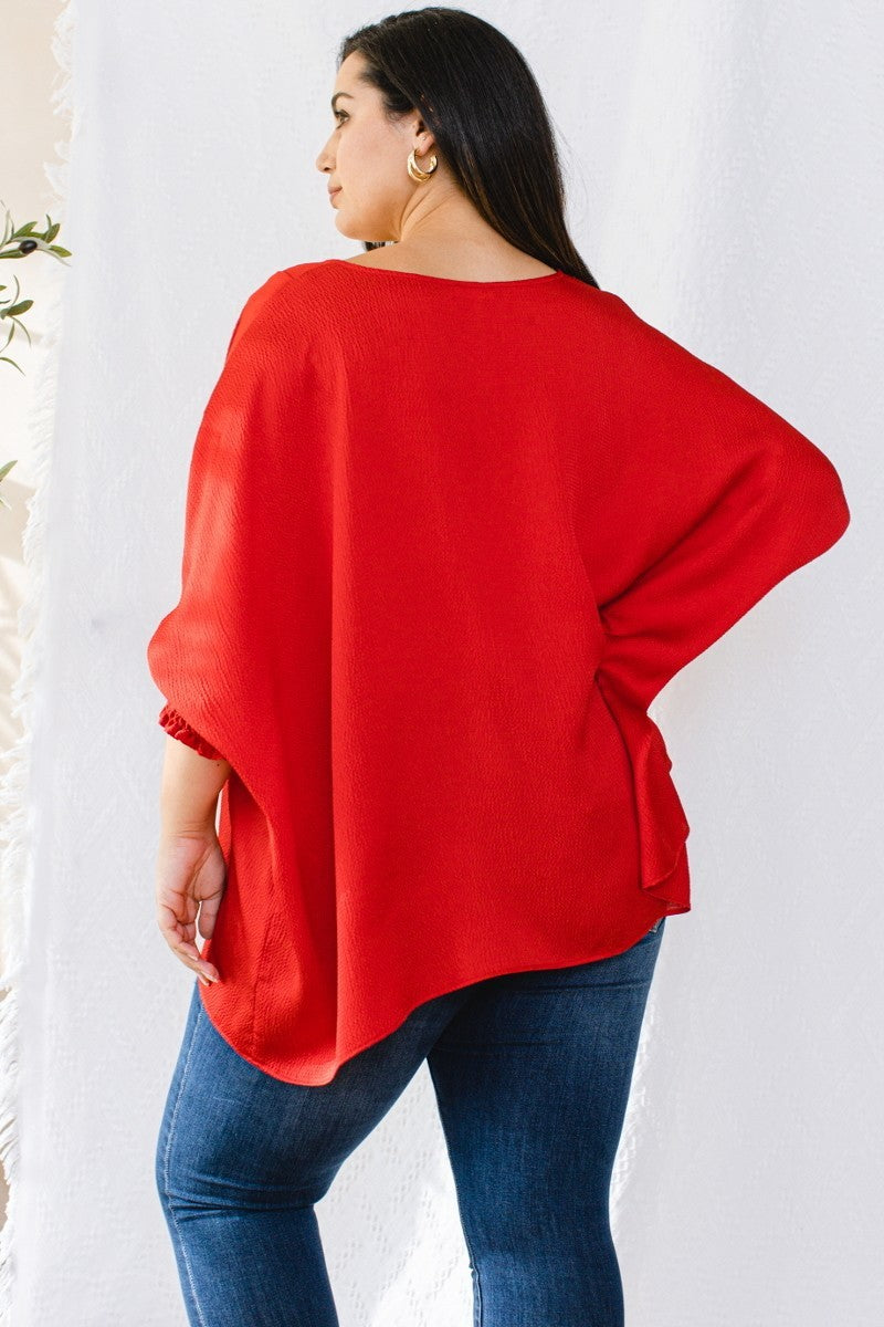 Ember Jacquard Solid Woven Oversized Boatneck 3/4 Sleeve Blouse