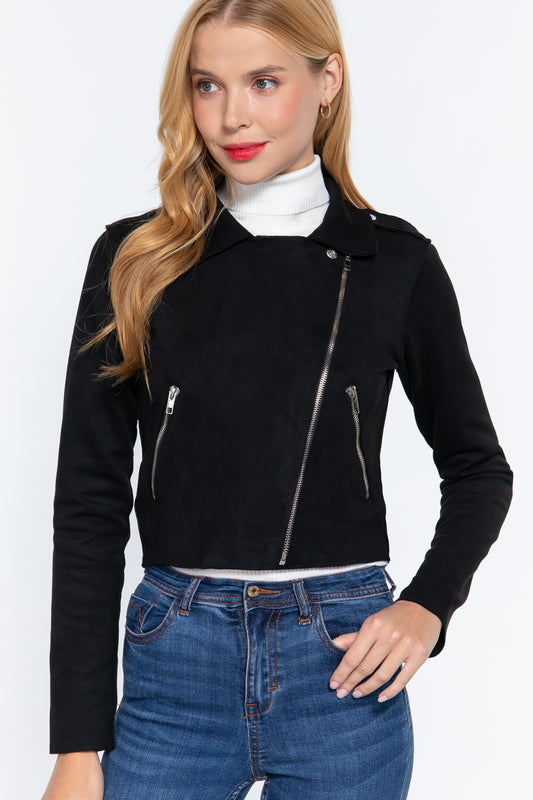 Long Slv Biker Faux Suede Short Jacket