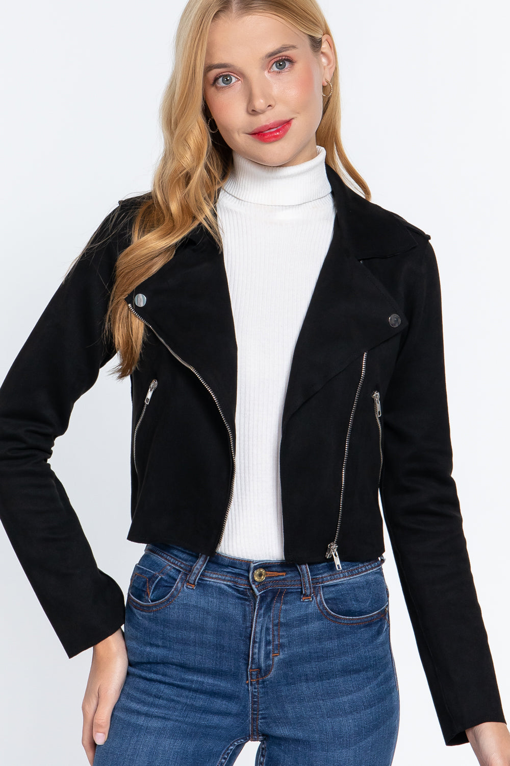 Long Slv Biker Faux Suede Short Jacket