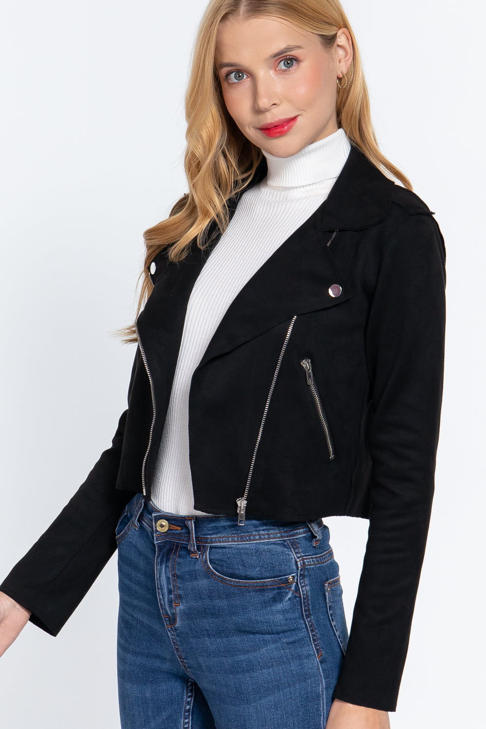 Long Slv Biker Faux Suede Short Jacket