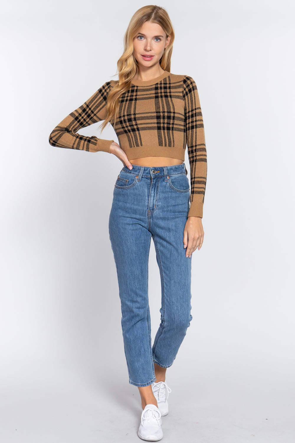 Long Slv Check Crop Sweater