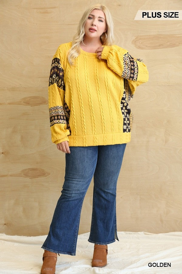 Texture Ribbed Knit And Aztec Pattern Mixed Loose Top