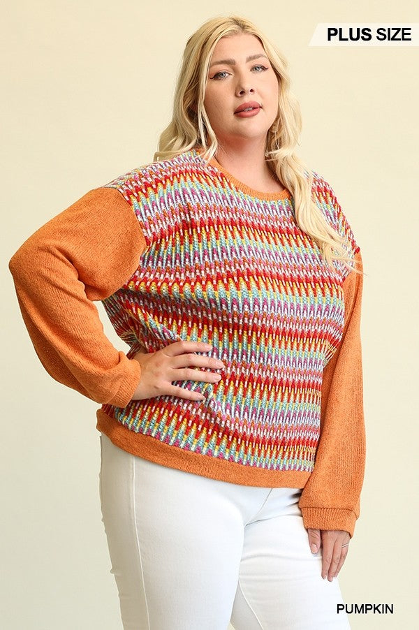 Novelty Knit And Solid Knit Mixed Loose Top With Drop Down Shoulder