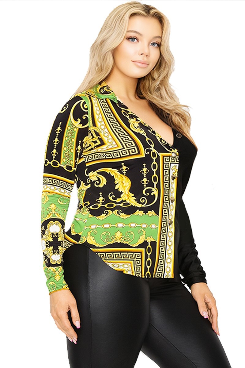 Plus long sleeve gold chain printed shirt