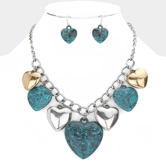 Multi Metal Heart Pendants Dangle Necklace