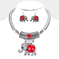 Natural Stone Embossed Metal Elephant Necklace