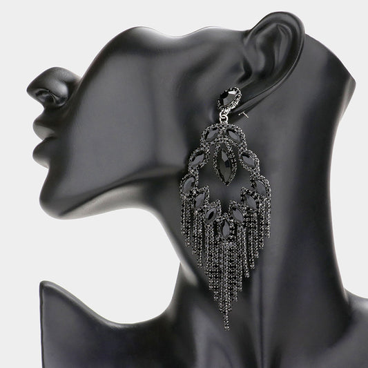 Marquise Stone Accented Rhinestone Fringe Dangle Earrings