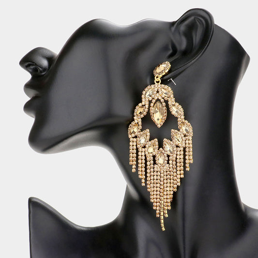 Marquise Stone Accented Rhinestone Fringe Dangle Earrings