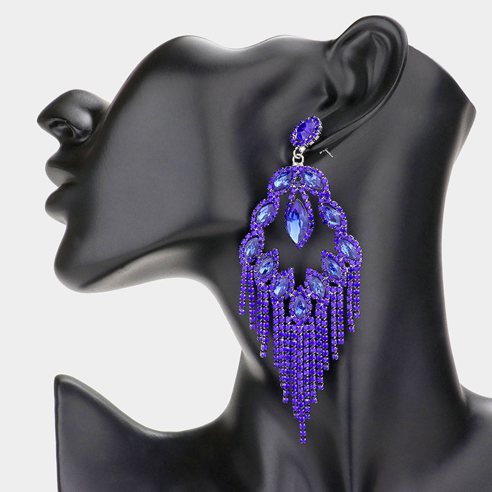 Marquise Stone Accented Rhinestone Fringe Dangle Earrings